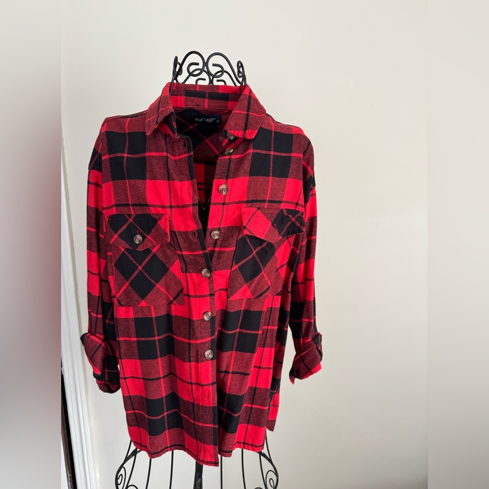 Red and Black Flannel Button Down Shirt with Buffalo Plaid